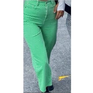 Shekou Green Checkered Straight Leg High Rise Jeans Womens Size Large NWT Preppy